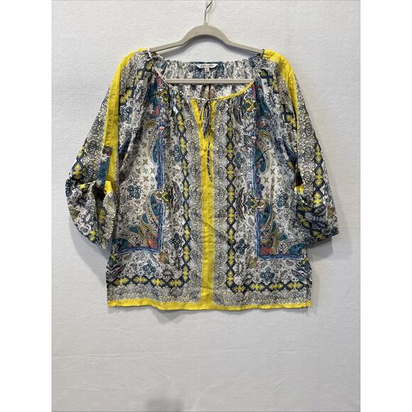 John‎ Mark Tunic Boho Floral Print 100% Silk Roll Tab Top Size M - Picture 1 of 8